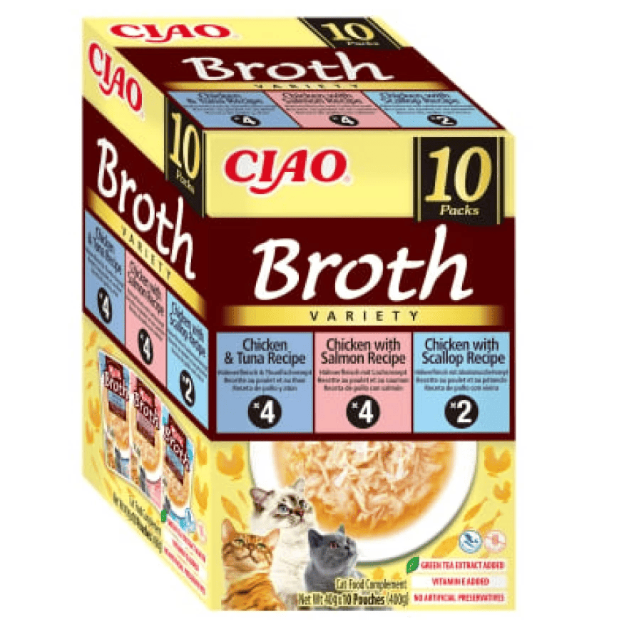 CIAO CHURU Broth Variety cu Pui si Ton, Pui si Somon, Pui si Scoici 10x40 g | Hrana Umeda Complementara pentru Pisici | Umiditate Ridicata, Fara Cereale, Topping Palatabil