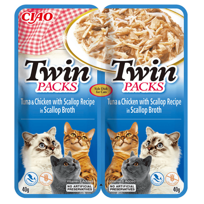 CIAO Cat Twin Ton si Pui in Supa de Scoici 2x40 g | Hrana Umeda Complementara pentru Pisici | Delicioasa, Ingrediente Naturale, Fara Cereale, Topping Palatabil
