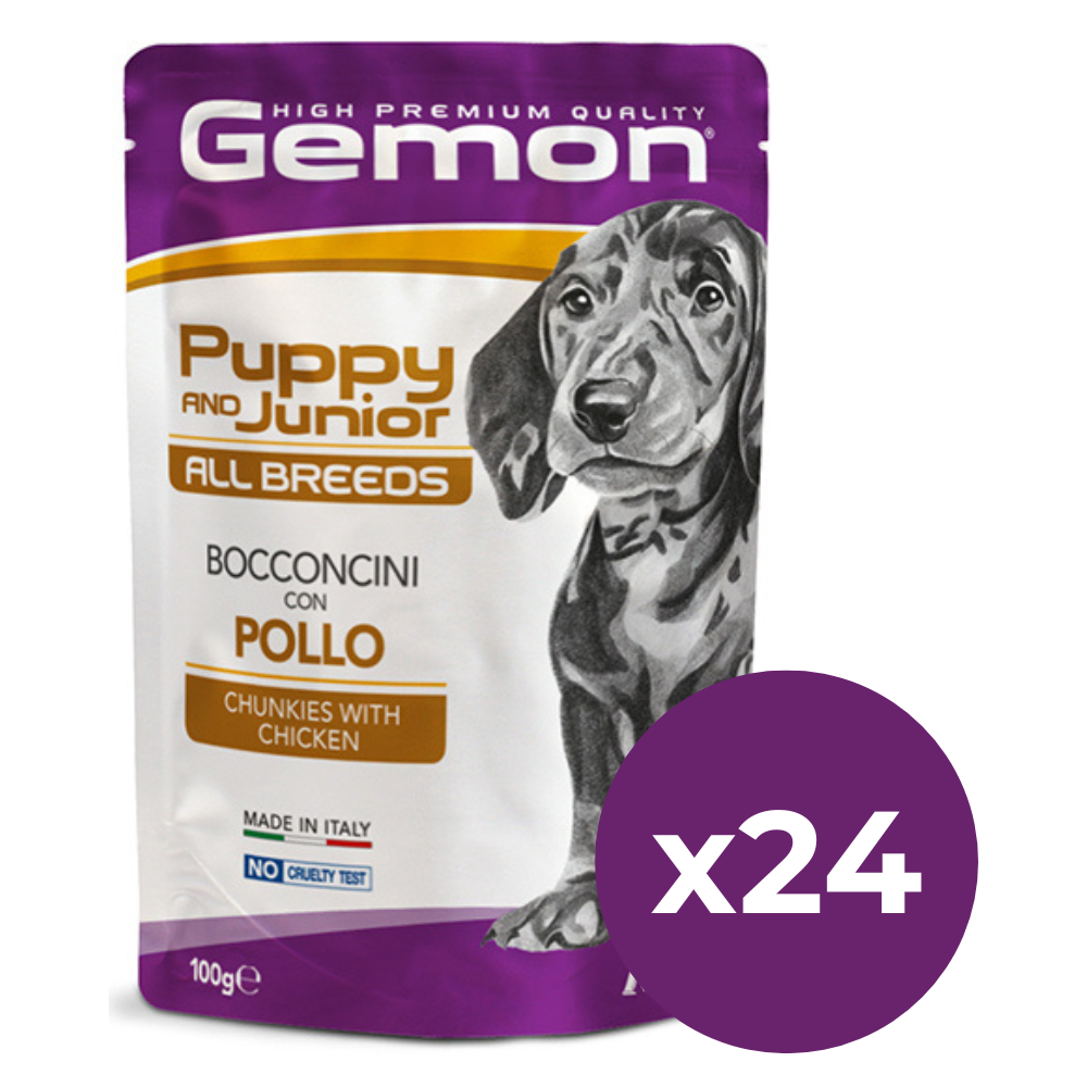 GEMON All Breeds Puppy & Junior, cu Pui – Set Plicuri Hrană Umedă pentru Catei Juniori, (bucăți în aspic), 24x100g