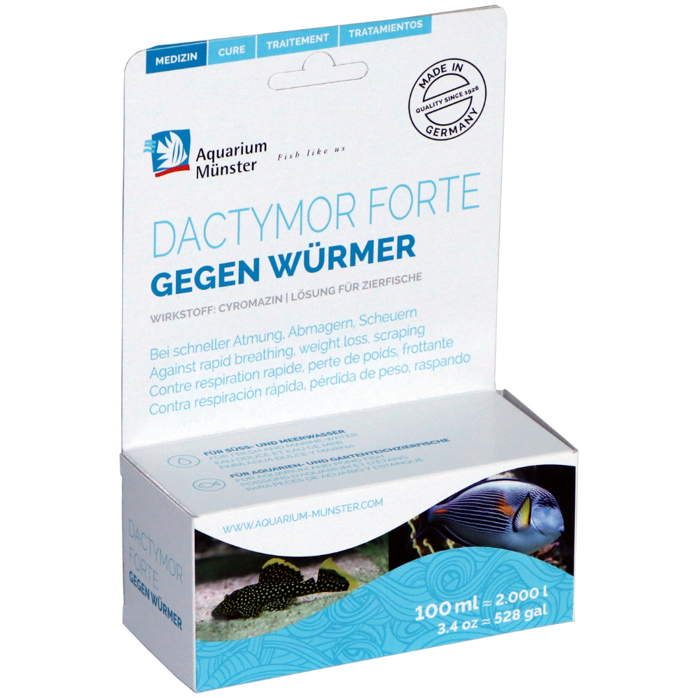 Aquarium Munster DACTYMOR FORTE 20 ml Fresh/Marin – Tratament pentru Viermi de Piele, Trematode și Tenii la Pești de Acvariu de Apa Dulce sau Marina