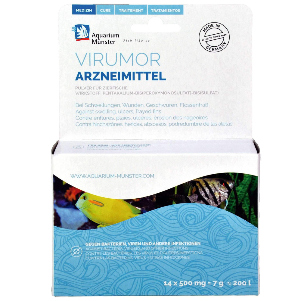 Aquarium Munster VIRUMOR 14x500 mg Fresh / Marin – Tratament Complex pentru Infecții Bacteriene, Virale și Fungice la Pești Ornamentali de Apa Dulce sau Marina