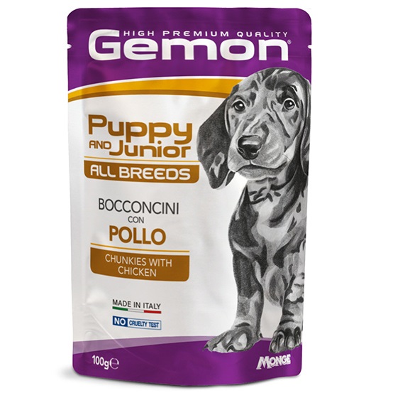 GEMON All Breeds Puppy & Junior, cu Pui – Plic Hrană Umedă pentru Catei Juniori, (bucăți în aspic), 100g