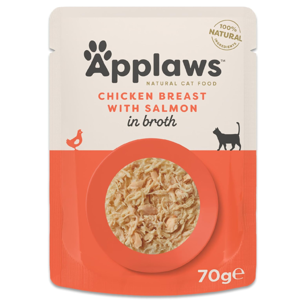 APPLAWS cu Piept de Pui si Somon in Supa Nutritiva 70 g - Plic Hrana Umeda Naturala Complementara pentru Pisici Adulte