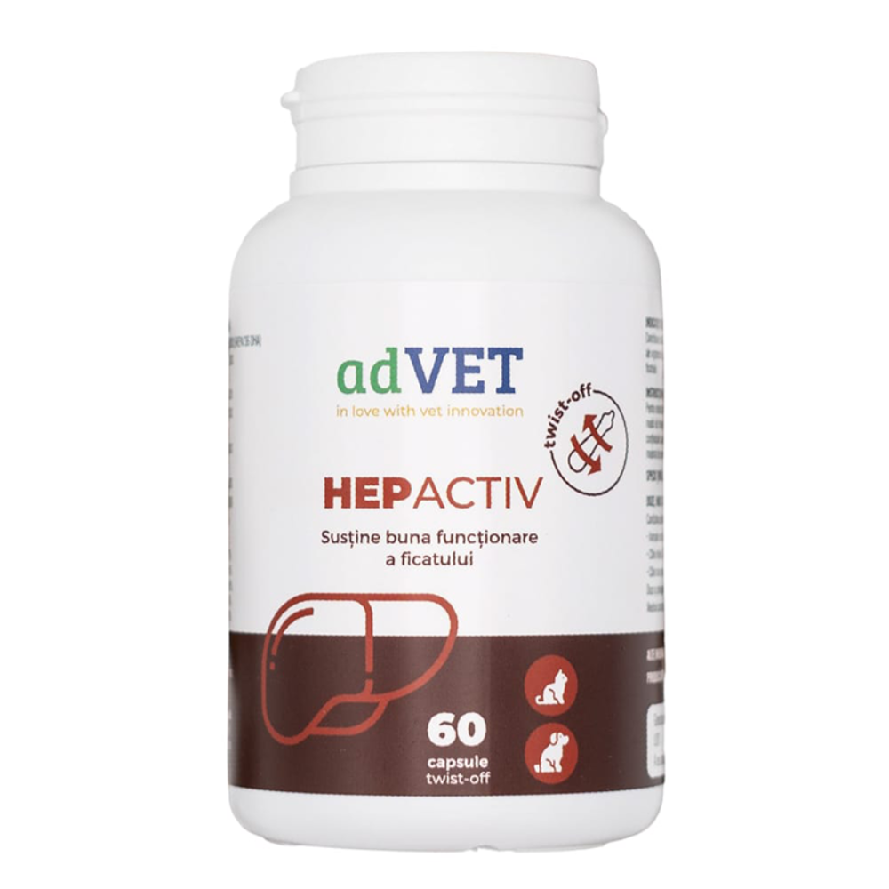 AdVET Hepactiv Twist-Off 60 Capsule – Supliment Hepatic pentru Câini și Pisici, Capsule Gelatinoase Ușor de Administrat pentru Funcția și Regenerarea Ficatului