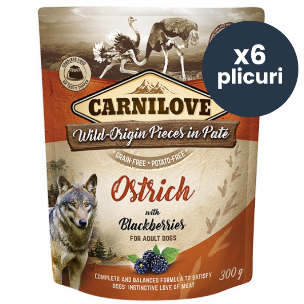 CARNILOVE Dog Pouch Pate Struț cu Mure Set 6x300 g – Hrană Umedă Fără Cereale pentru Câini, Proteine Exotice și Antioxidanți Naturali