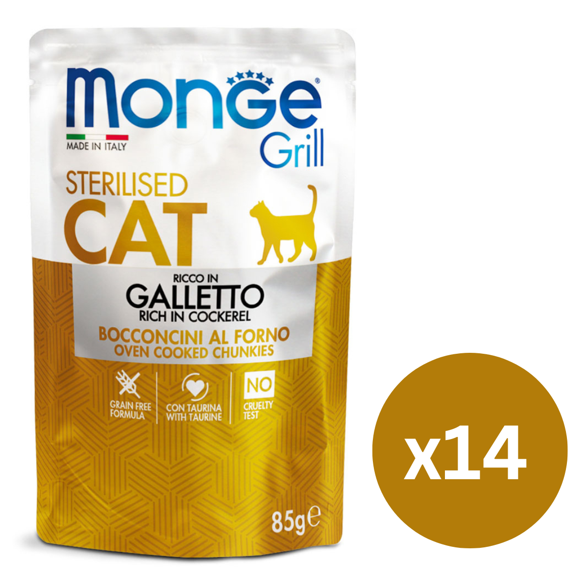 MONGE Grill Sterilized Cat, cu Cocos, Set Plicuri Hrana Umeda Fara Cereale Pentru Pisici Sterilizate (bucatele carne in aspic), 14x85g