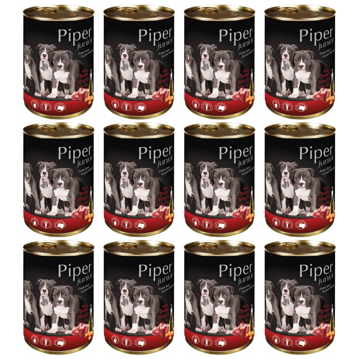 PIPER DOG Junior, cu Inima de Vita si Morcovi, Set Conserve Hrana Umeda Pentru Catei Juniori, 12x400g