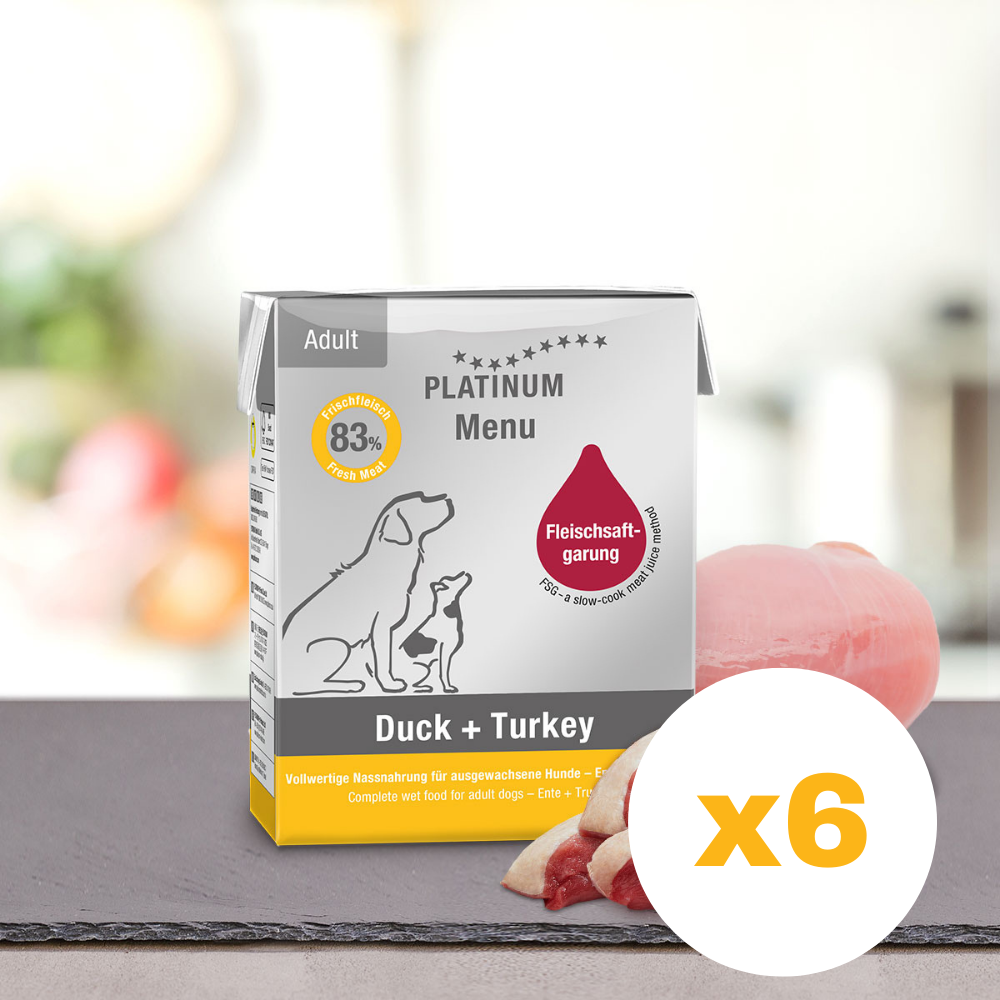 PLATINUM Menu Adult, Rata si Curcan, Bax Hrana Umeda Pentru Caini 6x375g
