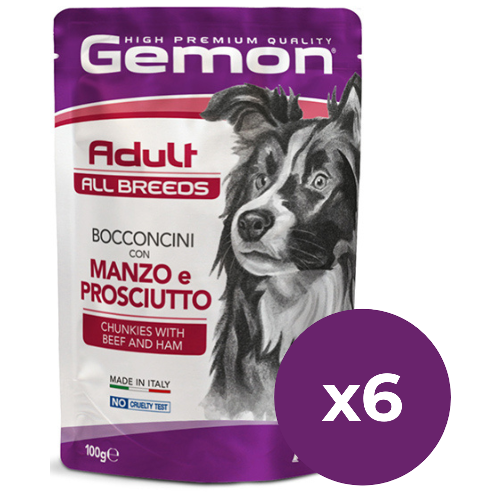 GEMON All Breeds Adult Dog cu Vita si Sunca – Set Plicuri Hrană Umedă pentru Câini Adulți, (bucăți în aspic), 6x100g