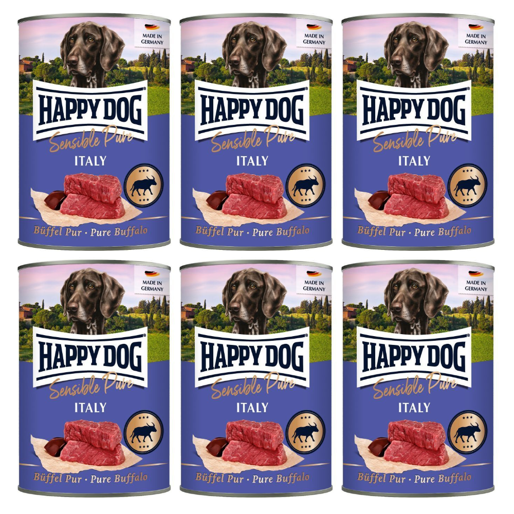 HAPPY DOG Sensible Pure Italy – Set Conserve Hrană Umedă Monoproteică fără Cereale pentru Câini Adulți, cu 100% Bivol, 6x800 g