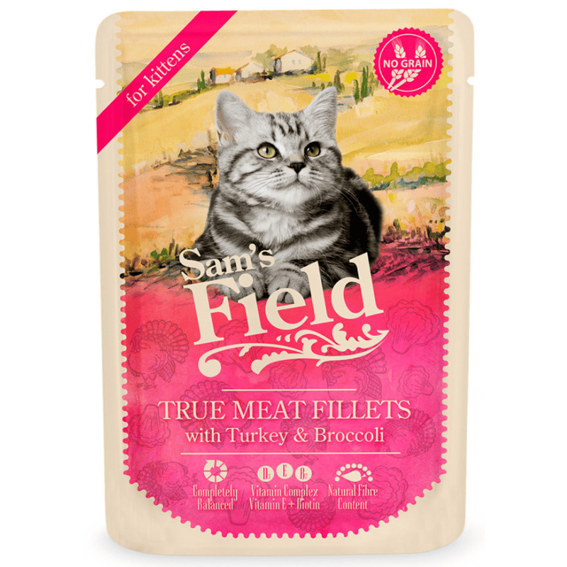 SAM'S FIELD Cat Pouch Kitten Turkey & Broccoli 85 g | Hrana Umeda Superpremium pentru Pisoi | Fileuri de Curcan si Broccoli | Crestere Sanatoasa si Digestie Echilibrata