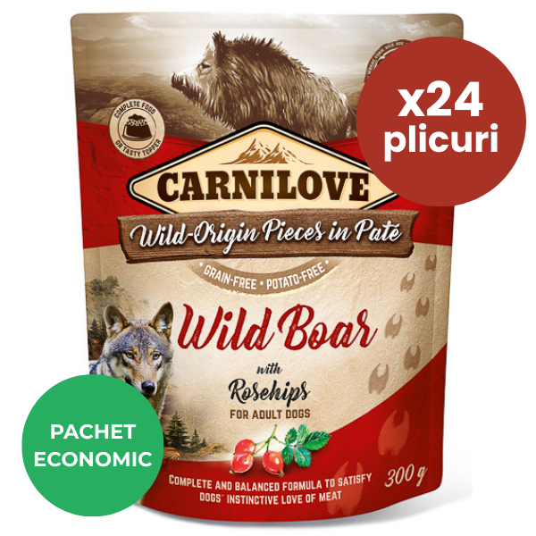 CARNILOVE Dog Pouch Pate Mistreț cu Măceșe Set 24x300 g – Hrană Umedă Fără Cereale pentru Câini Adulți, Sursă Naturală de Vitamine și Vitalitate