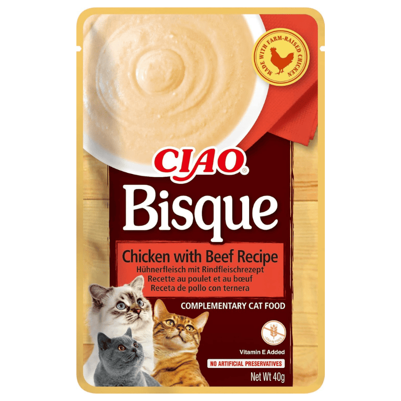 CIAO CHURU Bisque Cat Food Piure Fin de Pui cu Vita 40 g | Hrana Complementara Umeda pentru Pisici | Delicioasa si Sanatoasa, Fara Cereale, Topping Palatabil