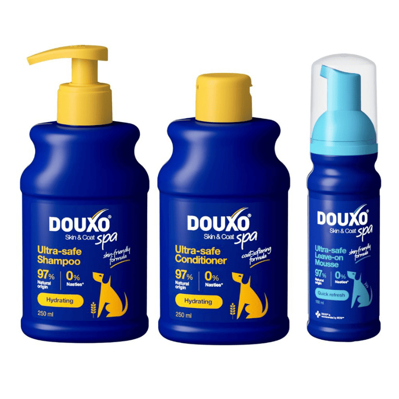 DOUXO SPA Hydrate & Shine Bundle | Rutina Completa pentru o Blana Hidratata si Stralucitoare la Caini | Sampon si Balsam cu Ovaz Coloidal + Spuma Fara Clatire