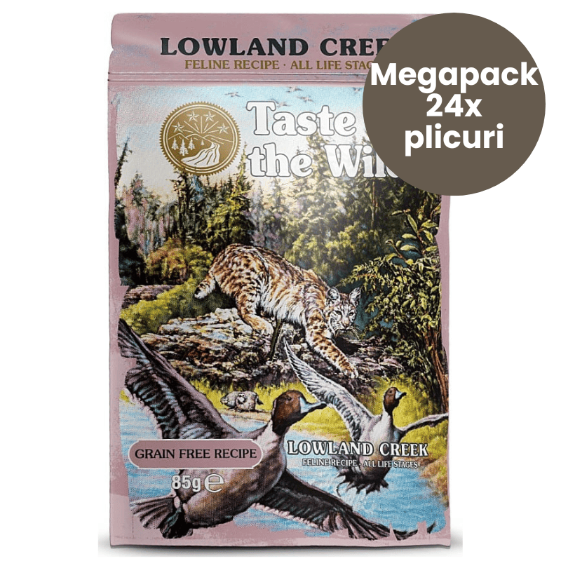 TASTE of the WILD Cat Pouch All Life Stages Lowland Creek Megapack 24x85 g | Hrana Umeda Fara Cereale pentru Pisici de Toate Varstele | Bucati de Curcan, Pui si Rata in Sos