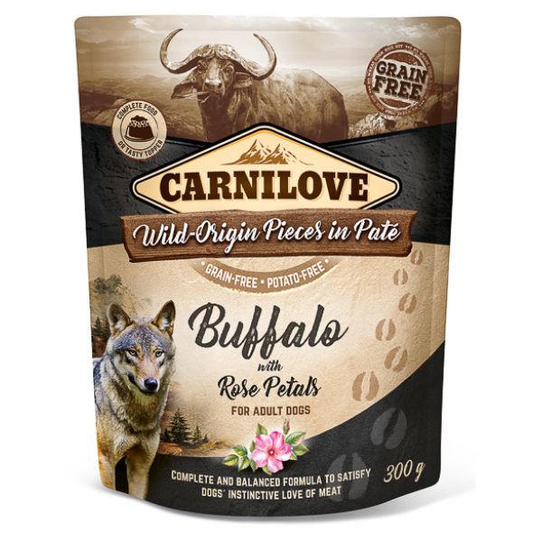 CARNILOVE Dog Pouch Pate Bivol cu Petale de Trandafir 300 g – Hrană Umedă Fără Cereale pentru Câini, Proteine Premium și Antioxidanți Naturali