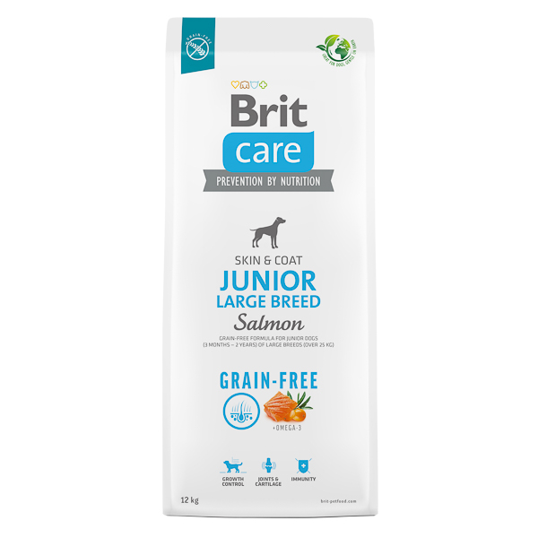 BRIT CARE Grain-Free Junior Large Breed, cu Somon, Hrană Uscată Fără Cereale pentru Cățeluși din Rase Mari, Piele & Blană Sănătoase, Articulații Protejate, 12kg