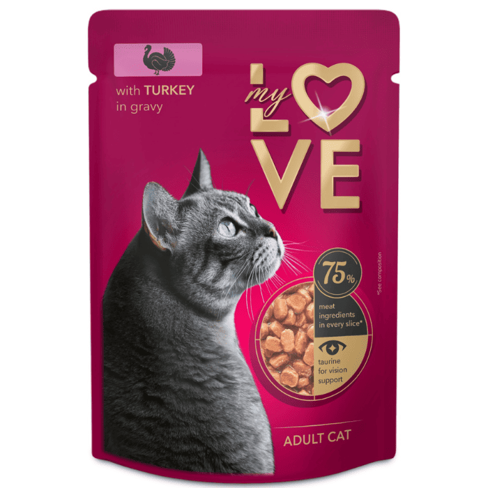 MY LOVE CAT Hrană Umedă pentru Pisici Adulte cu Curcan, 85 g | Bucătele în Sos