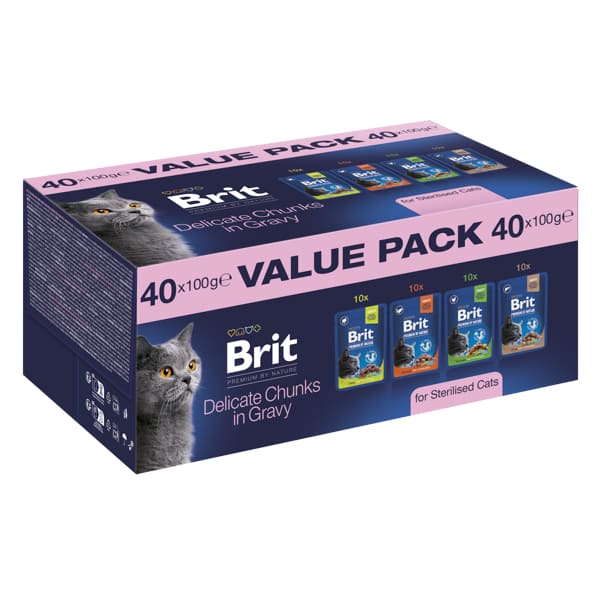 BRIT PREMIUM by Nature Cat Value Pack Sterilised 40x100 g | Hrana Umeda Completa pentru Pisici Sterilizate (bucati cu carne in sos), 4 Sortimente