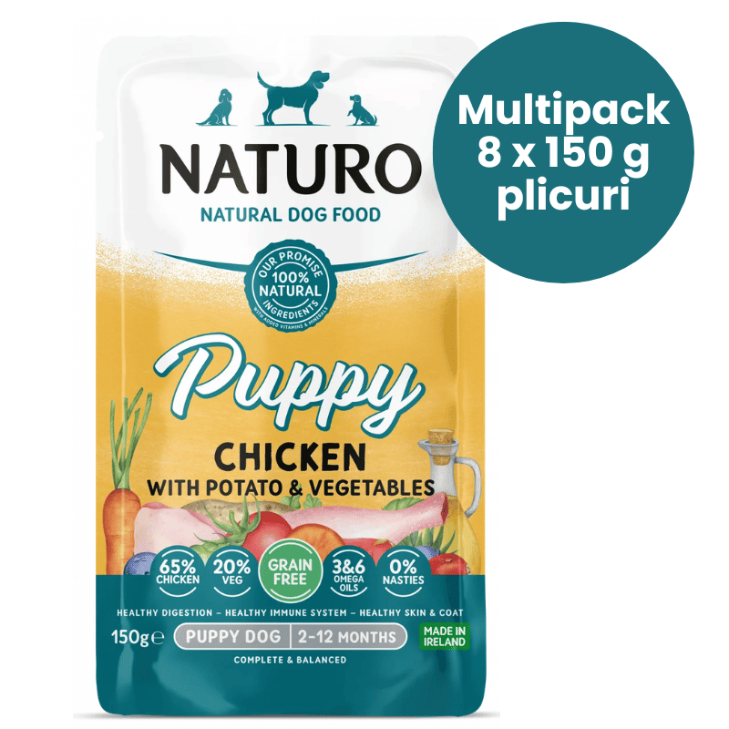 NATURO Puppy Grain Free cu Pui, Cartofi si Legume Multipack 8x150 g | Hrana Umeda Completa fara Cereale 100% Naturala pentru Pui de Caine