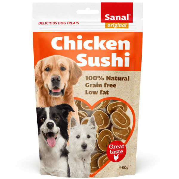SANAL Dog Chicken Sushi Doypack 80 g | Recompensa Naturala fara Cereale  pentru Caini Adulti, cu Pui si Peste | Low Fat