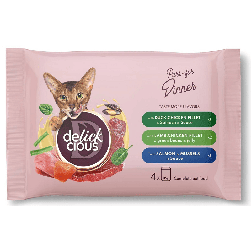 DELICKCIOUS Cat Set Plicuri cu Pui, Miel, Somon si Midii 4 x 85 g | Hrană Umedă Completă pentru Pisici Adulte | Mix Gourmet cu Sos și Jeleu