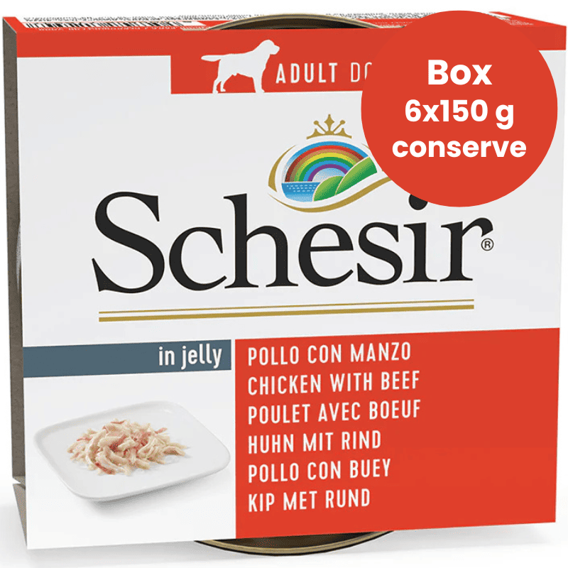 SCHESIR Dog Pui cu Vita in Aspic Box 12x150 g | Hrana Umeda Complementara pentru Caini Adulti