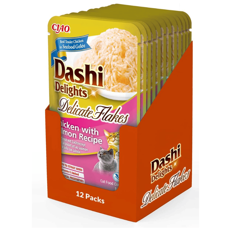 CIAO Dashi Delights Delicate Flakes Pui si Somon Box 12x40 g | Hrana Umeda Complementara pentru Pisici | Bucatele Fine, Nutritive, Sanatoase, Delicioase si Fara Cereale