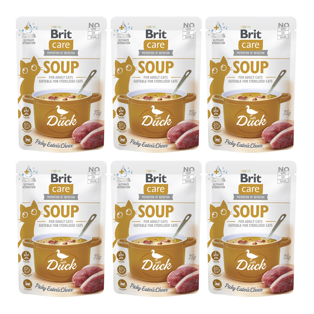 BRIT CARE Cat Soup, cu Rață, Set Plicuri  Hrana Umeda Pentru Pisici Sterilizate (supă cremoasă), 6x75g