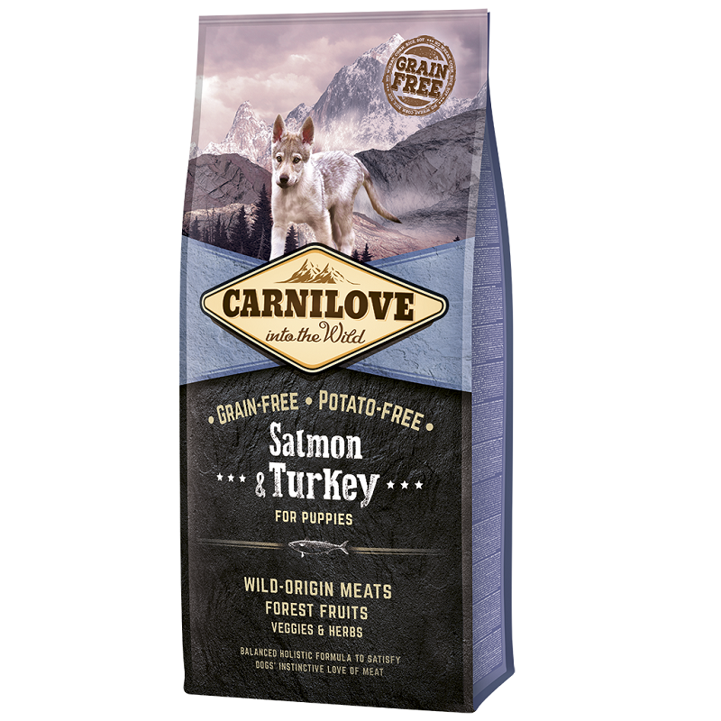 CARNILOVE Grain Free Puppy, Somon si Curcan, Hrana Uscata Fara Cereale Caine Junior, Crestere Sanatoasa 4kg