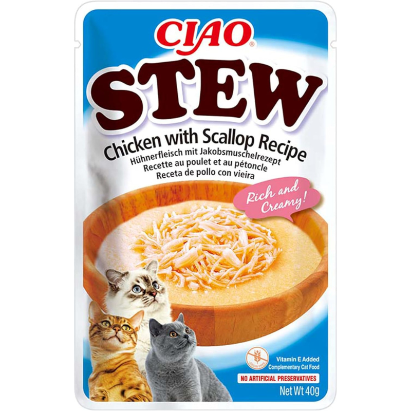 CIAO CHURU Stew Fasii de Pui in Supa Cremoasa de Scoici 40 g | Hrana Umeda Complementara pentru Pisici | Delicioasa si Sanatoasa, Fara Cereale, Topping Palatabil