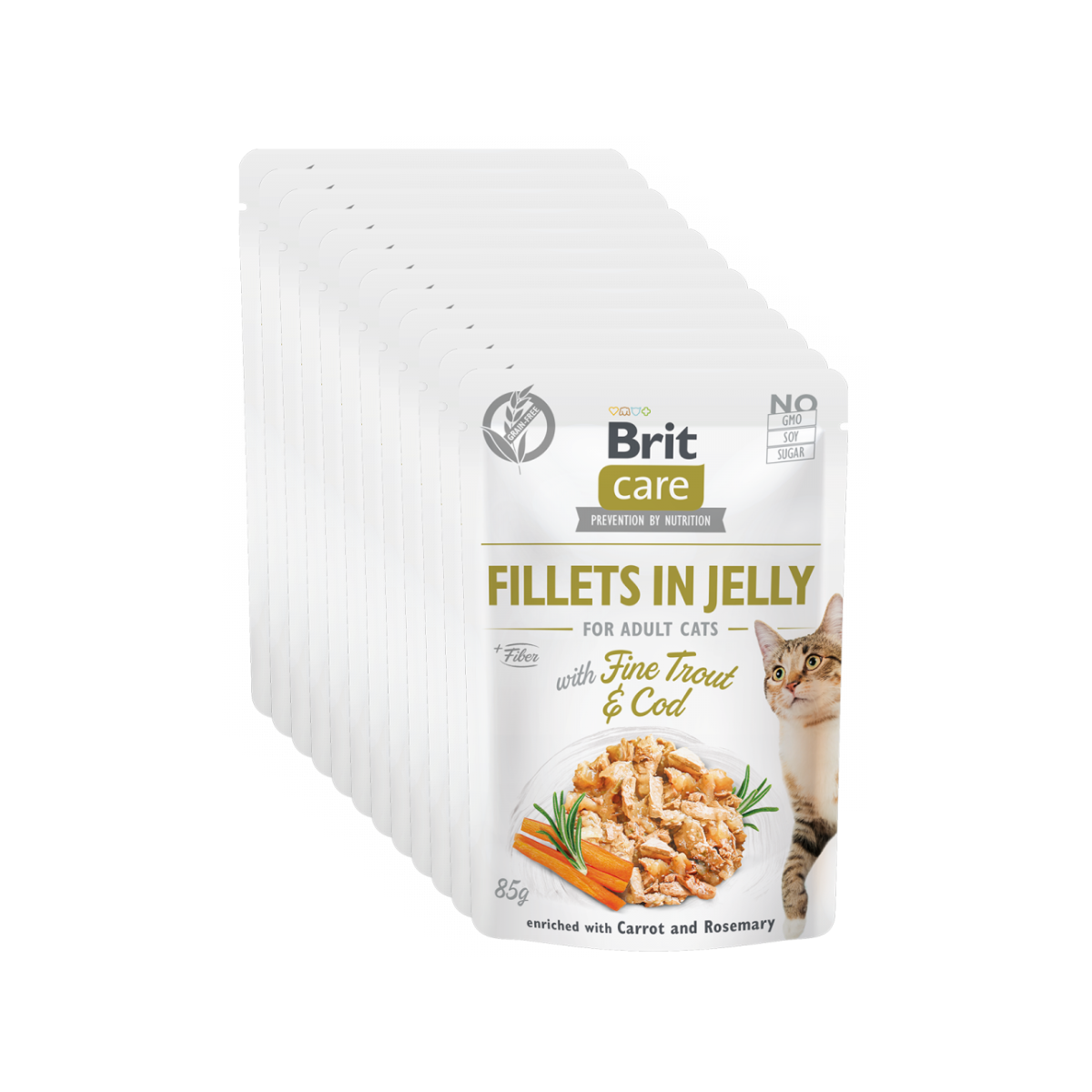BRIT CARE Fillets in Jelly, cu Pastrav si Cod, Set Plicuri Hrana Umeda, Fara Cereale,  Pisici (file in sos) 12x85g