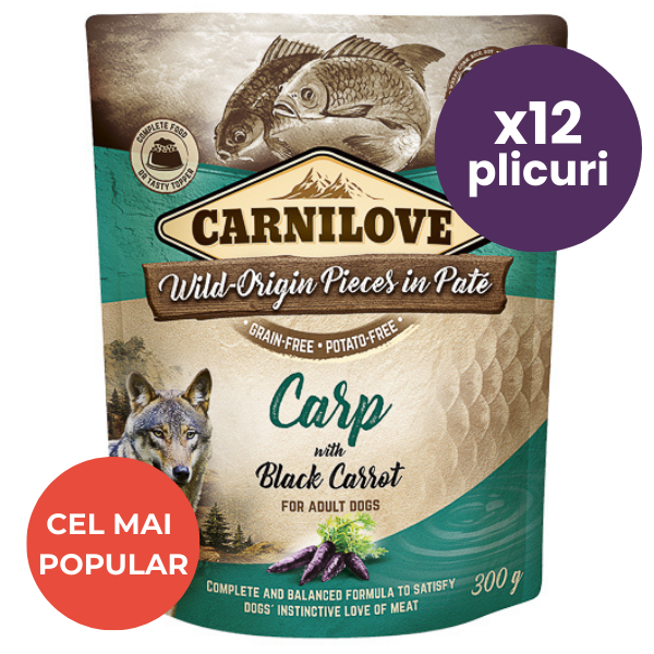 CARNILOVE Dog Pouch Pate Crap cu Morcov Negru Set 12x300 g – Hrană Umedă Fără Cereale pentru Câini, Bogată în Omega-3 și Antioxidanți Naturali