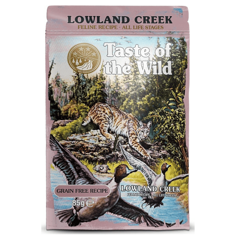 TASTE of the WILD Cat Pouch All Life Stages Lowland Creek 85 g | Hrana Umeda Fara Cereale pentru Pisici de Toate Varstele | Bucati de Curcan, Pui si Rata in Sos