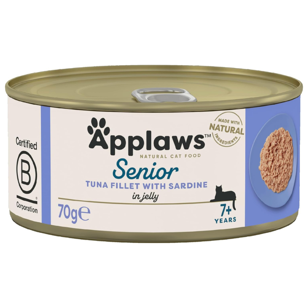 APPLAWS 100% Natural, Conserva Hrana Umeda Pisici Senioare (7+) cu Filet de Ton si Sardine in Aspic, 70 g