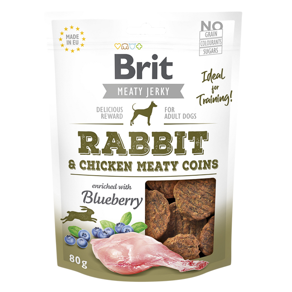 BRIT Jerky Rabbit Meaty Coins 80 g – Recompense Naturale Fara Cereale pentru Caini, cu Carne de Iepure, Bogate in Proteine