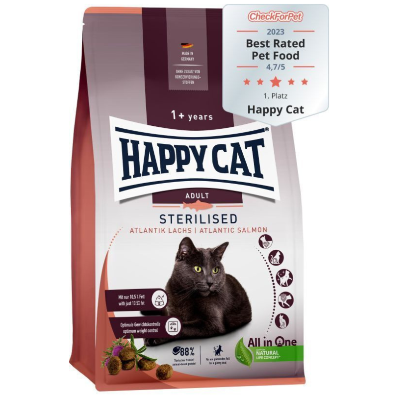 HAPPY CAT Sterilised Adult Atlantic cu Somon de Atlantic și Ierburi Naturale – Hrană Uscată Premium pentru Pisici Adulte Sterilizate, Controlul Greutății și Tract  Urinar Sănătos, 4kg