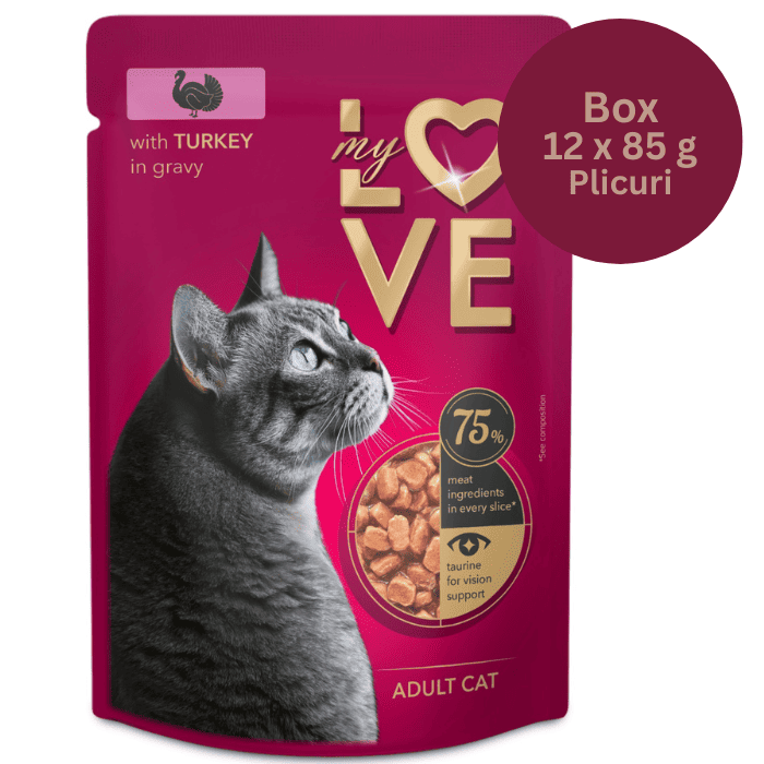 MY LOVE CAT Box Hrană Umedă pentru Pisici Adulte cu Curcan, 12x85 g | Bucătele în Sos