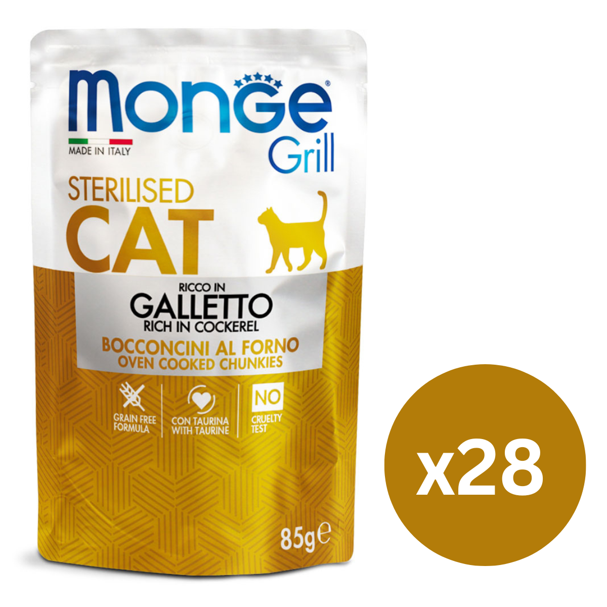 MONGE Grill Sterilized Cat, cu Cocos, Set Plicuri Hrana Umeda Fara Cereale Pentru Pisici Sterilizate (bucatele carne in aspic), 28x85g
