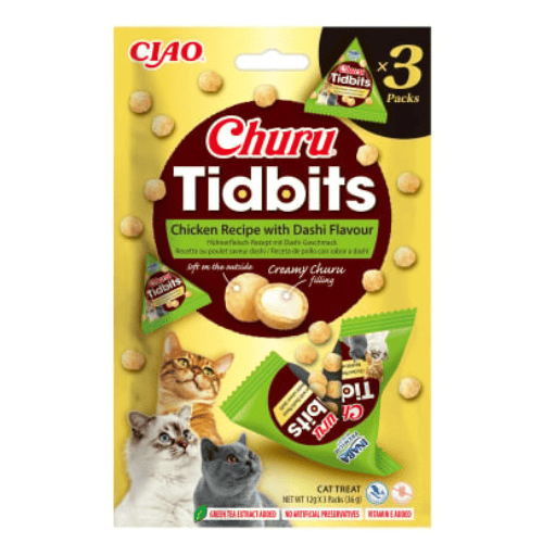 INABA Churu Cat Tidbits Chicken & Dashi 3x12 g | Recompense Moi pentru Pisici | Exterior Fraged si Umplutura Cremoasa