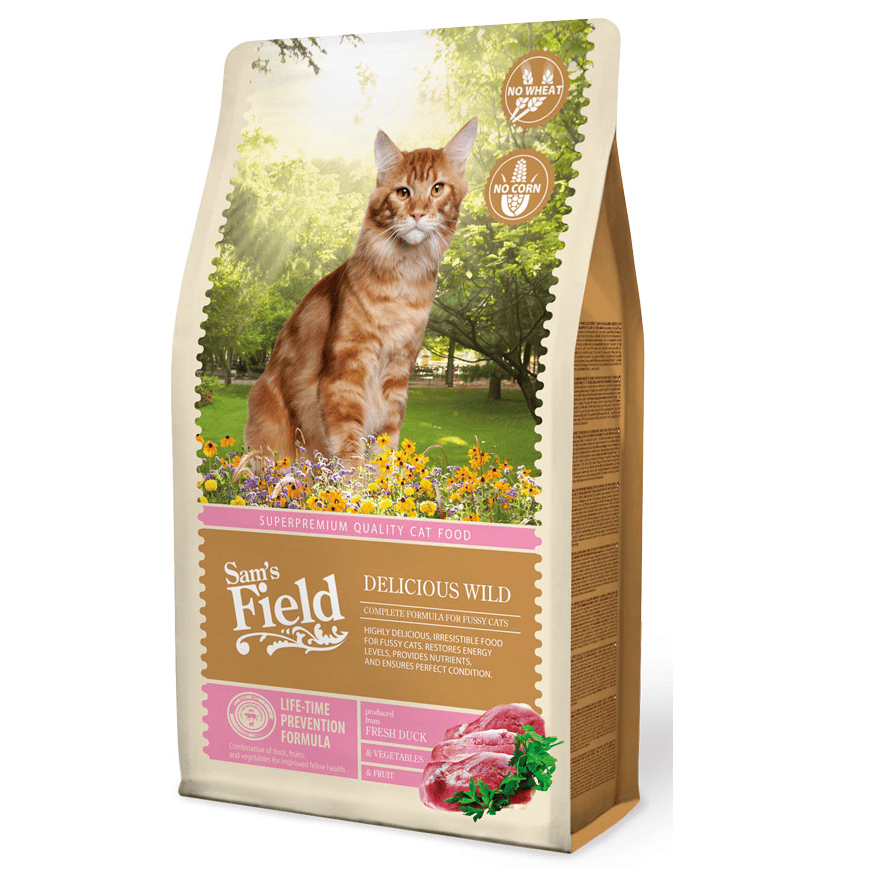 SAM'S FIELD Cat Delicious Wild 2,5 kg | Hrana Uscata Superpremium pentru Pisici Adulte | Energie, Vitalitate si Gust Desavarsit | Cu Rata si Pui Proaspat