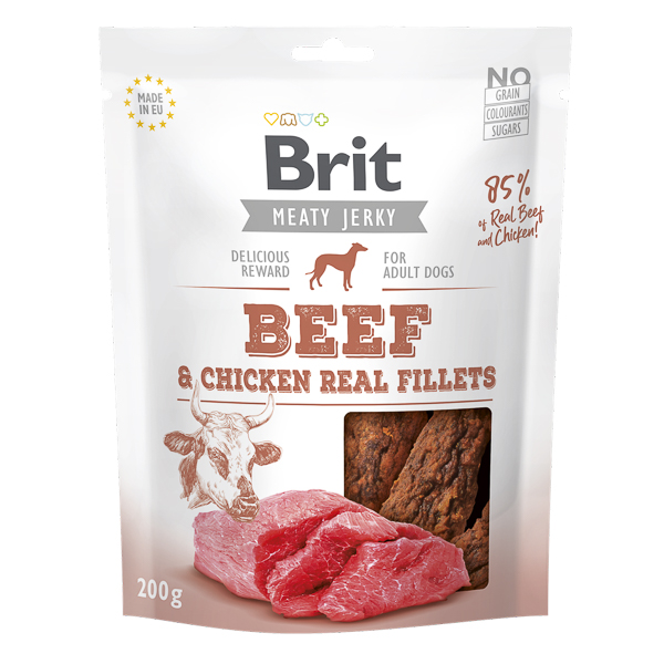 BRIT Jerky Beef Fillets 200 g – Recompense Naturale Fara Cereale pentru Caini, cu File de Vita, Bogate in Proteine