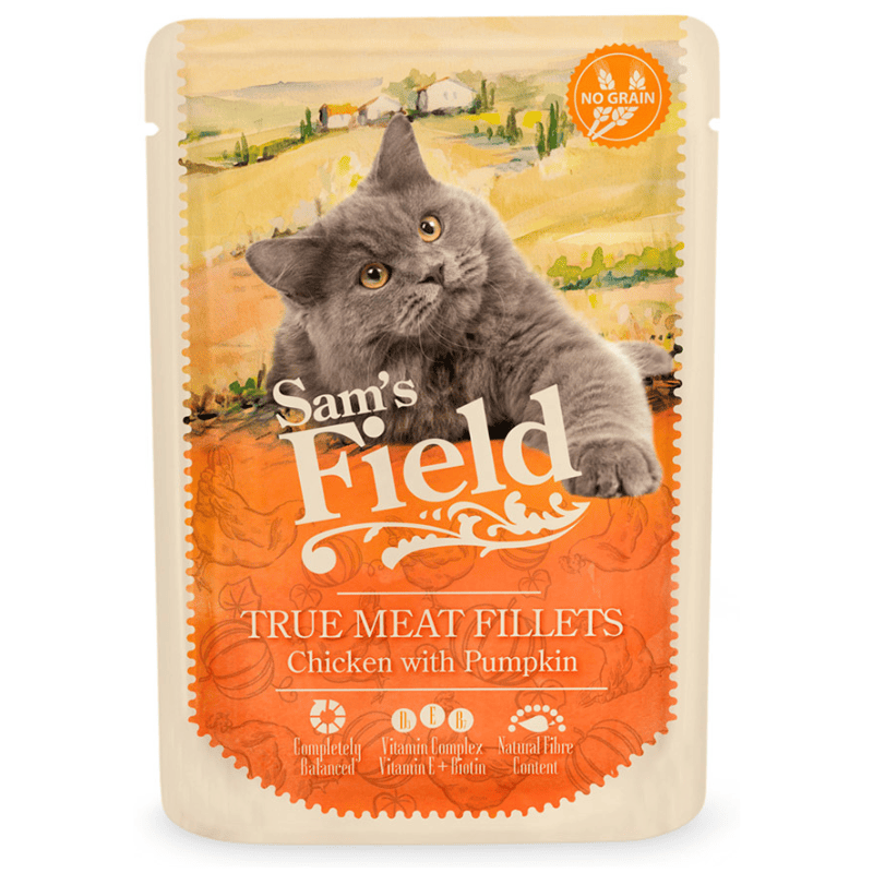 SAM'S FIELD Cat Pouch Chicken & Pumpkin 85 g | Hrana Umeda Superpremium pentru Pisici Adulte | Fileuri de Pui si Dovleac | Reteta Naturala pentru Digestie Sanatoasa si Vitalitate