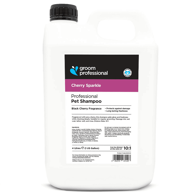 GROOM PROFESSIONAL Cherry Sparkle Shampoo 4 L  | Șampon Profesional Concentrat (dilutie 10:1) cu Extract de Cirese pentru Câini | Curățare Profunda, Hidratare și Strălucire