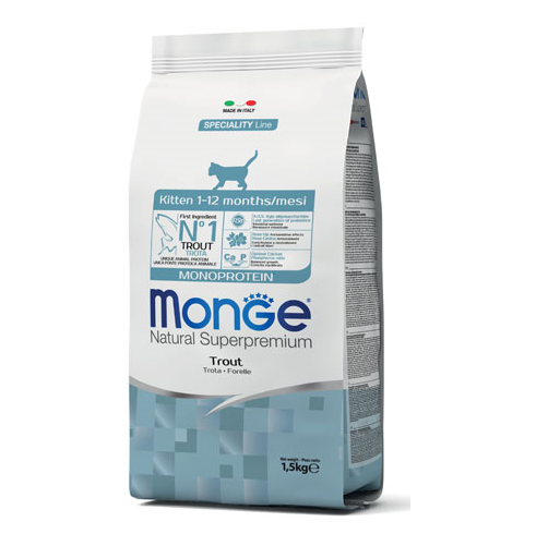 MONGE Natural Superpremium Kitten, cu Pastrav, Hrana Uscata Monoproteica Pentru Pui de Pisica Sensibili, 1.5kg