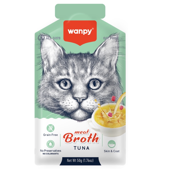 WANPY Meat Broth 50 g – Supă Fără Cereale cu Ton pentru Pisici, cu Taurină și Ulei de Somon