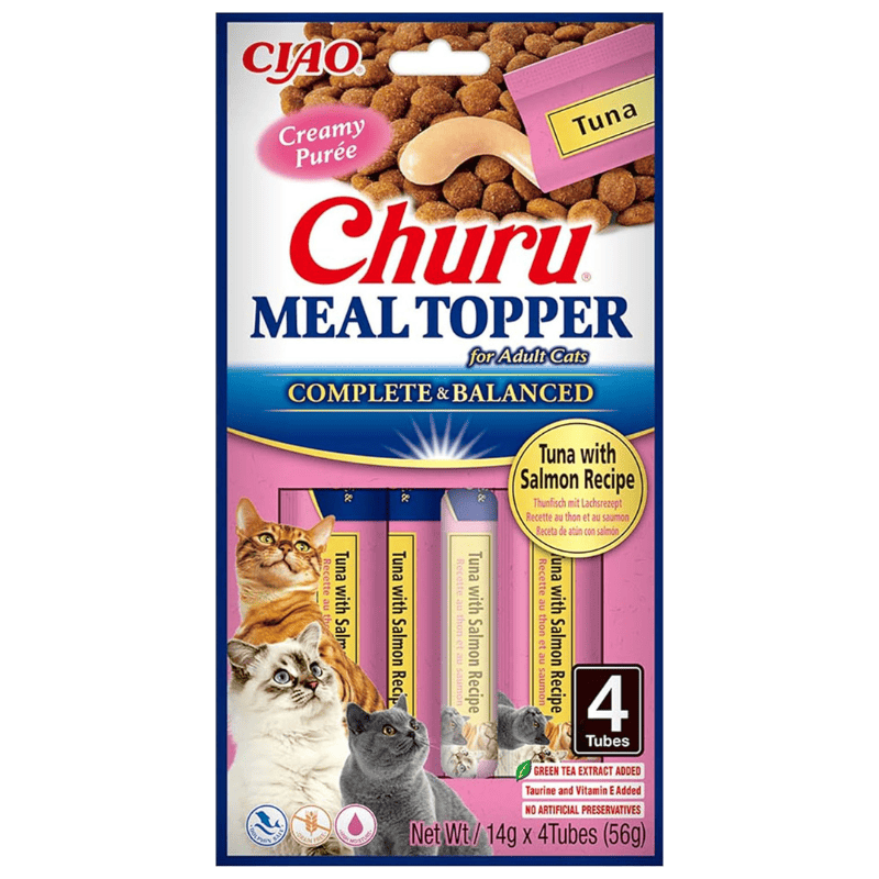 INABA Ciao Churu Meal Topper Tuna & Salmon 4x14 g | Topping Cremos Fara Cereale pentru Hrana Pisicilor | cu Ton si Somon | Gust Intens si Calorii Putine