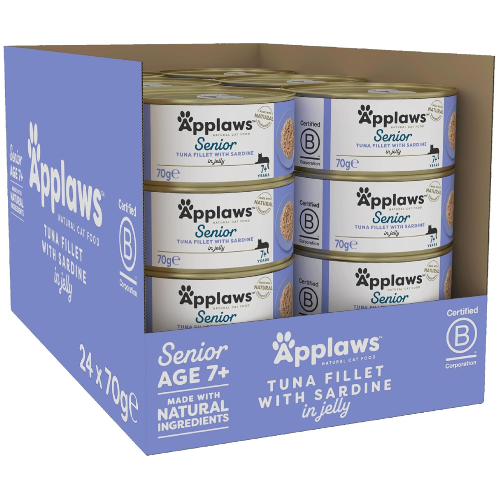 APPLAWS 100% Natural, Bax Conserve Hrana Umeda Pisici Senioare (7+) cu Filet de Ton si Sardine in Aspic, 24x70 g