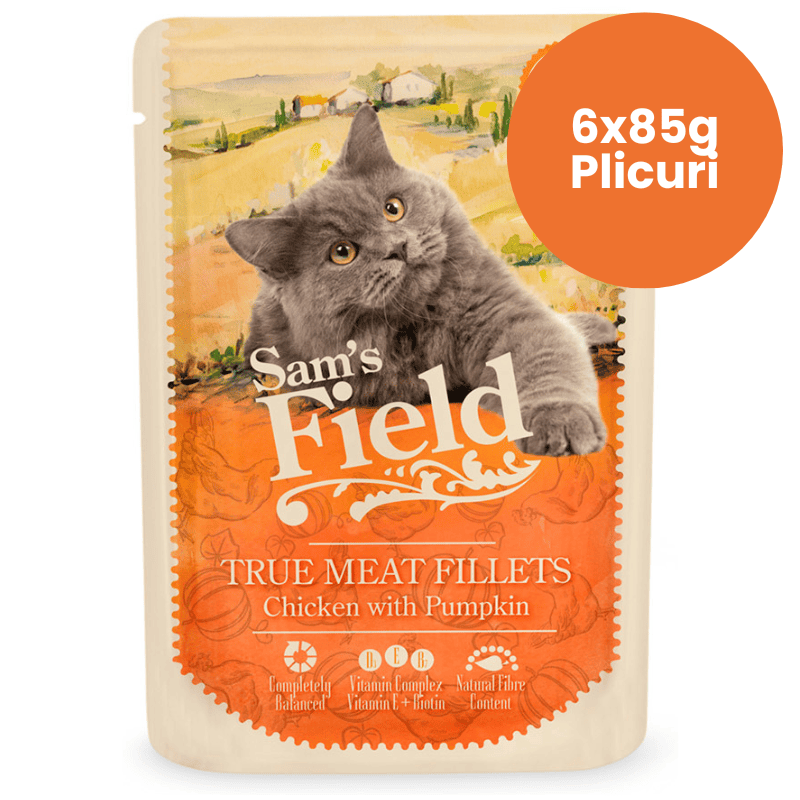 SAM'S FIELD Cat Pouch Chicken & Pumpkin Multipack 6x85 g | Hrana Umeda Superpremium pentru Pisici Adulte | Fileuri de Pui si Dovleac | Reteta Naturala pentru Digestie Sanatoasa si Vitalitate