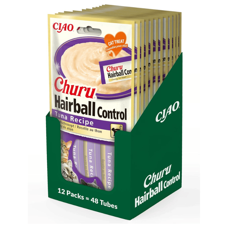 INABA Ciao Churu Hairball Control Tuna Recipe Box 12x(4x14 g) | Recompensa Functionala Cremoasa pentru Pisici | cu Ton | Formula pentru Reducerea si Eliminarea Ghemelor de Blana